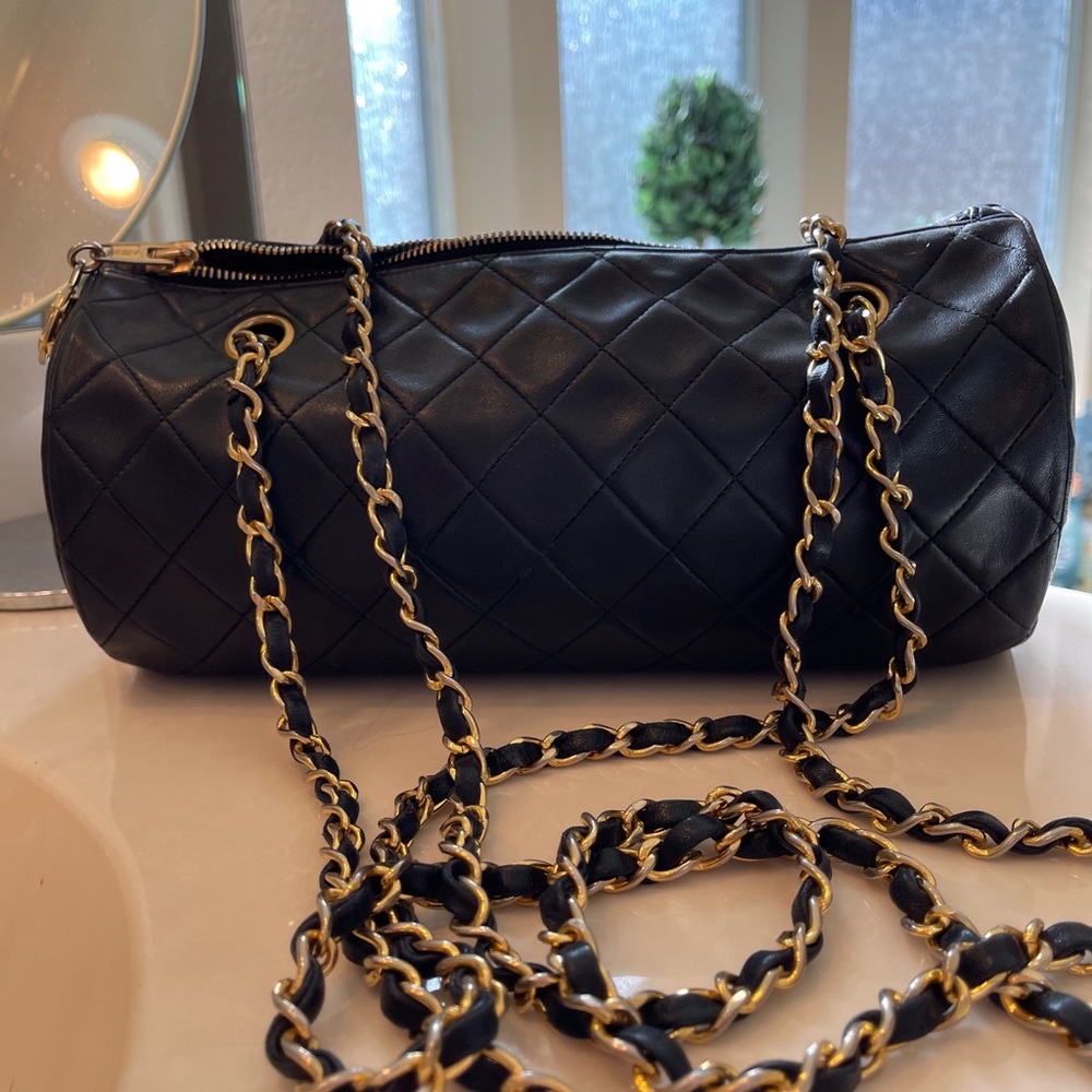 Chanel Quilted Cylinder /Barrel  black lambskin Chanel bag CC logo Papillon 80's